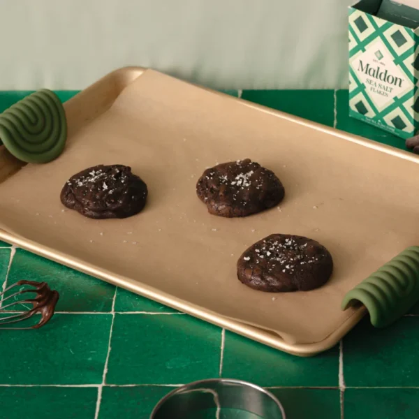 Triple Chocolate Sea Salt cookies on a baking tray